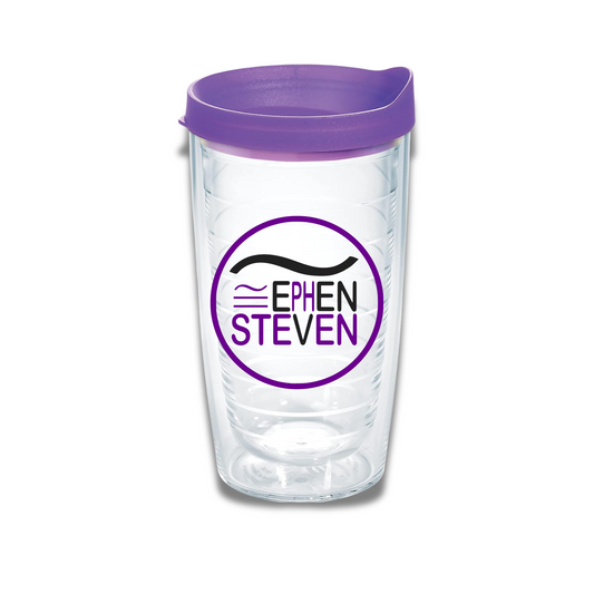 Ephen Steven - Printed Tervis Clear & Colorful Lidded Made in USA Double Walled Insulated Tumbler Travel Cup Keeps Drinks Cold & Hot, 16oz, Purple Lid
