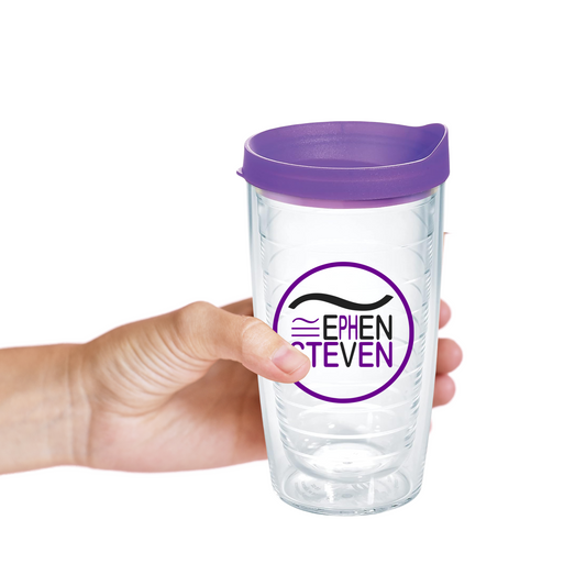 Ephen Steven - Printed Tervis Clear & Colorful Lidded Made in USA Double Walled Insulated Tumbler Travel Cup Keeps Drinks Cold & Hot, 16oz, Purple Lid