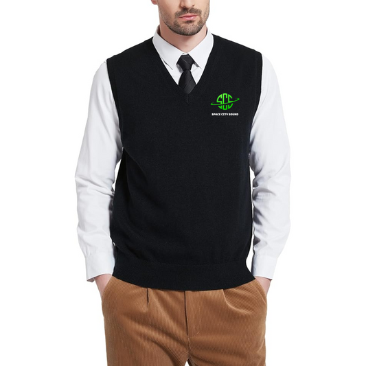 Space City Sound - Embroidered Wool Blended Vest Sweater Relaxed Fit V Neck Sleeveless Knitted Pullover
