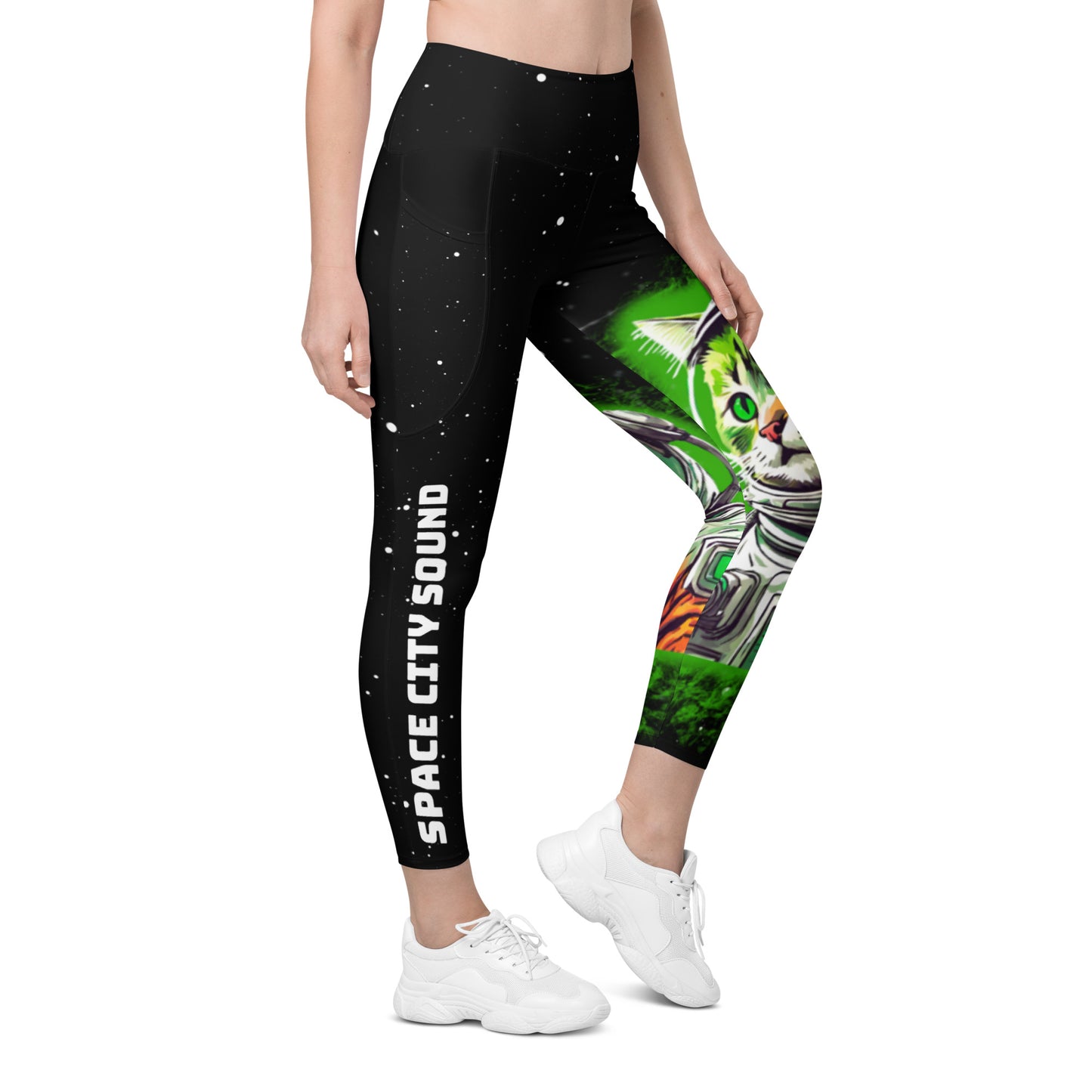 Space city sound- printed kitty Leggings with pockets